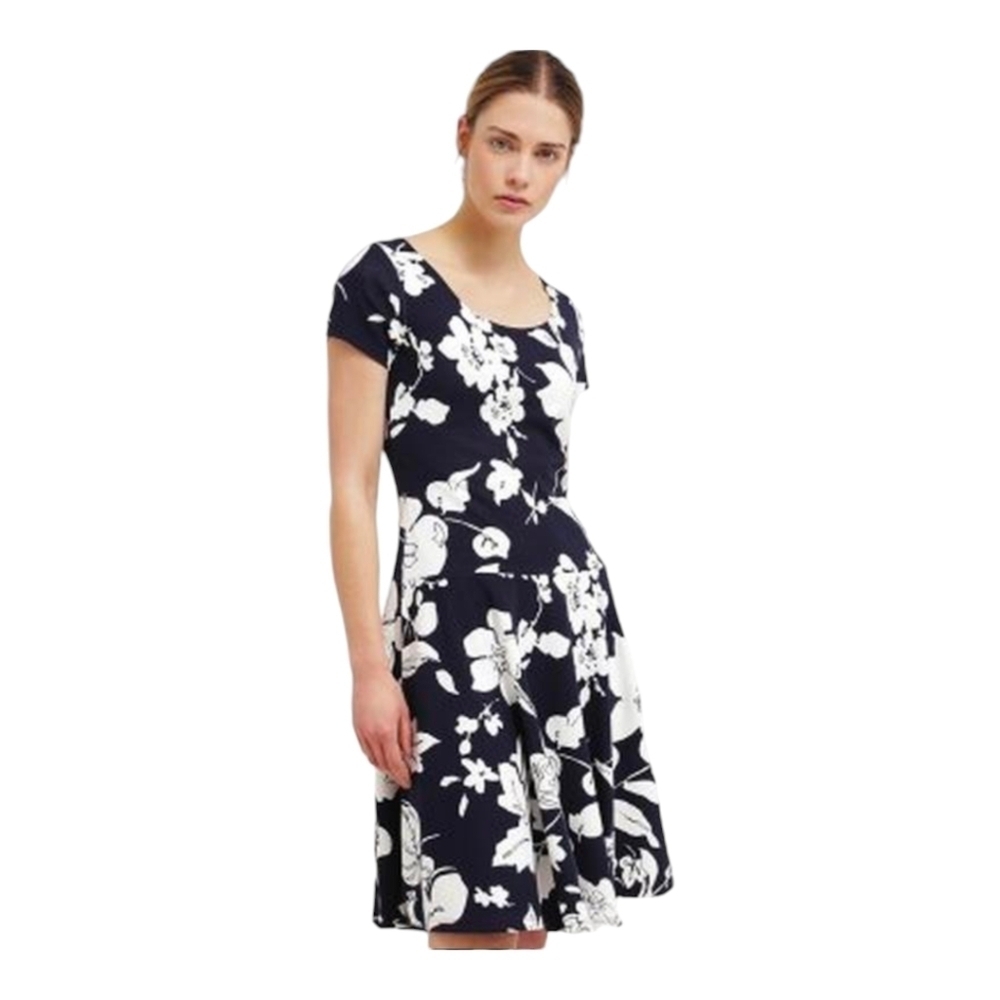 Lauren Ralph Lauren blue white floral midi dress drop waist scoop neck summer
